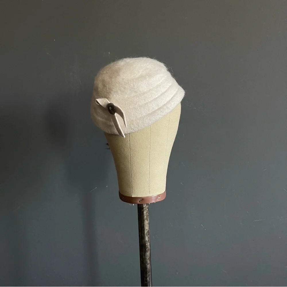 Vintage Ivory Angora Wool Cloche Hat Bow Detail Soft Minimal Luxe Dainty French